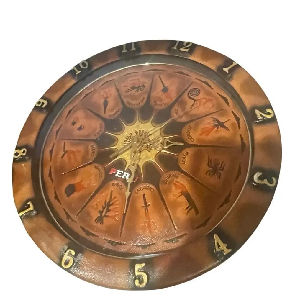VTG CLOCK LEATHER WALL PERUVIAN NAZCA LINES BOHO RUSTIC RARE‎